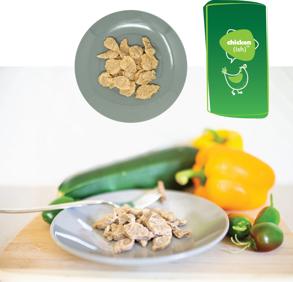 Chicken (ish) label with a top down view of the product over a plate of product and vegetables